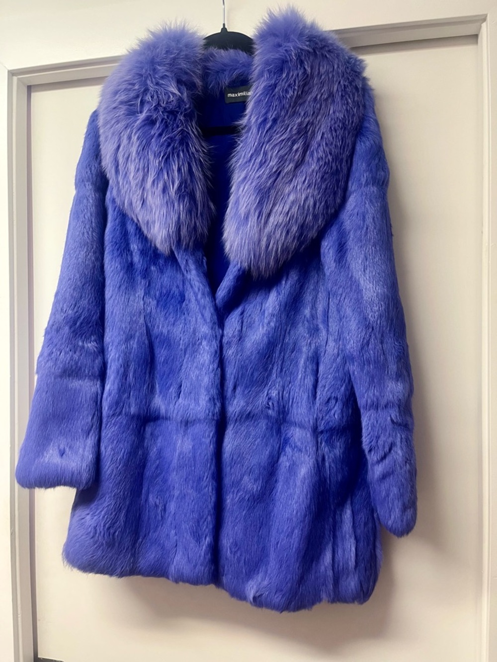 Maximilian Periwinkle/Lavender Rabbit Fur Coat with Plush Fox Fur Collar (Real) - Picture 2 of 8
